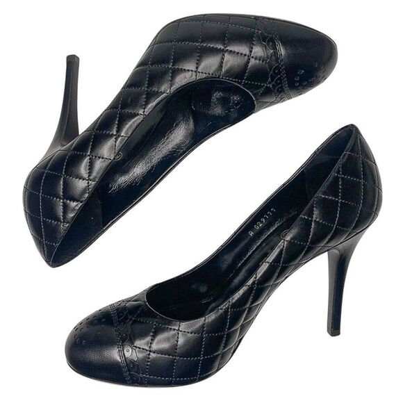 Chanel Black Quilted Leather Pumps Perforated CC Logo Size 39 EU High Heels - Picture 7 of 12